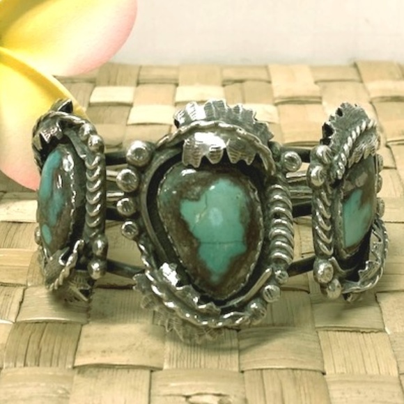Jerry Roan Native American Jewelry - Silver Squash Blossom Turquoise Cuff by Jerry Roan